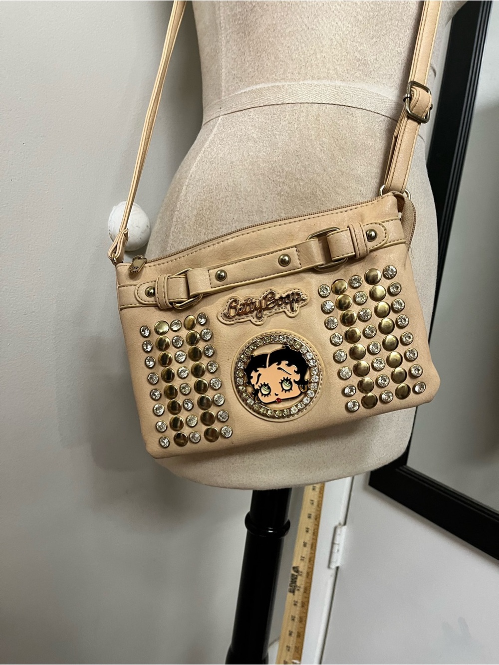 Betty Boop Nude Beige Crossbody with Gold Studs & Crystal Accents